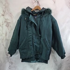Vintage Coat Womens 2X Dark Green Arctic Fox Fur Trim 90s Y2K Jacket Insulated